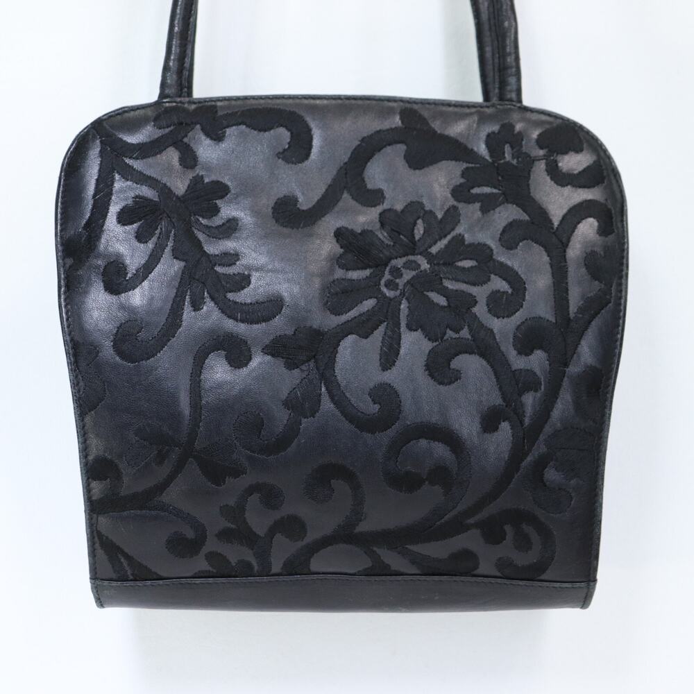 Vtg Braccialini Handbag Women S Black Floral Embossed Leather Lined Shoulder Bag